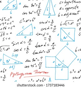 Handwritten trigonometric vector seamless pattern, hand drawn monochrome math formulas isolated on white background, mathematical, geometrical, scientific, education backdrop