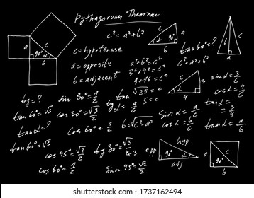 Handwritten trigonometric vector set, hand drawn monochrome math formulas isolated on black background, mathematical, scientific, geometrical, education illustration