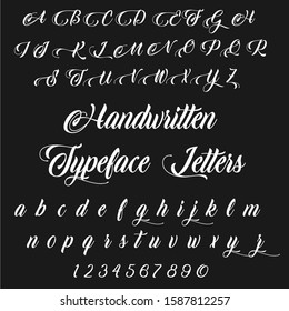 Handwritten typeface letters alphabets calligraphic characters vector typeface vintage and numbers