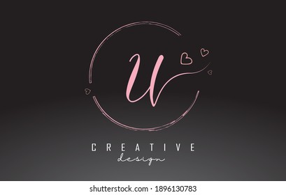 Handwritten U Letter Logo Design with Dust Pink Watercolor Ring and Outline Hearts. Creative U letter logo. 