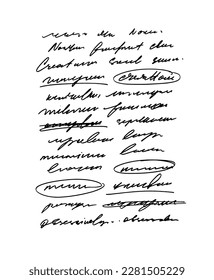 Caligrafía manuscrita ilegible con tachado. Resumen de una línea con letras. Texto cursivo vector negro, poesía manuscrita ilegible. Escritura ilegal con líneas desiguales y tachado.