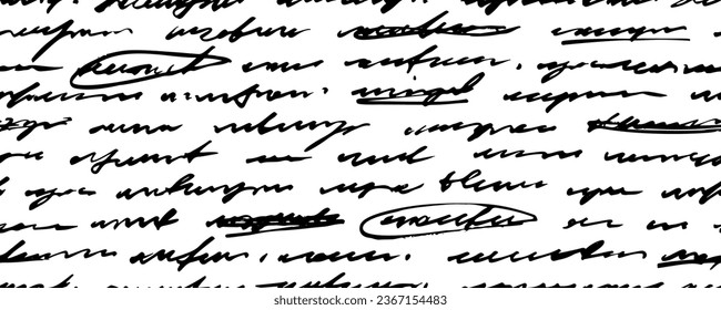 Handwritten unreadable cursive text seamless banner design. Doodle illustration of unreadable handwritten text. Poetry seamless pattern. Sweeping, illegible handwriting. Hand drawn vector texture.