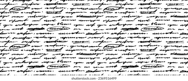 Handwritten unreadable cursive text seamless banner design. Doodle illustration of unreadable handwritten text. Poetry seamless pattern. Sweeping, illegible handwriting. Hand drawn vector texture.