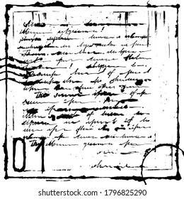 Handwritten unreadable letter and vintage frame. Female handwriting. Black and white square carde. Vector illustration.