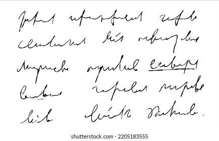 Handwritten Unreadable text. Abstract illegible handwriting of fictional language. Incomprehensible letters. Black old vintage text written with pen