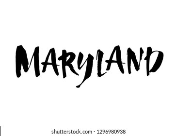 Handwritten U.S. state name Maryland. Calligraphic element for your design. Modern brush ink. Isolated on white background. Vector illustration.