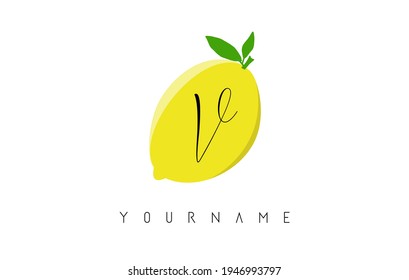 Handgeschriebenes Logo-Design für V-Buchstaben mit Zitronenhintergrund. Kreative Vektorgrafik mit Zitrone und Buchstabe V.