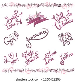 Handwritten Valentine s day greetings set. Custom texts painted with dry paint brush. Flourish frame and different styles of heart shapes. Ready phrases for your design.