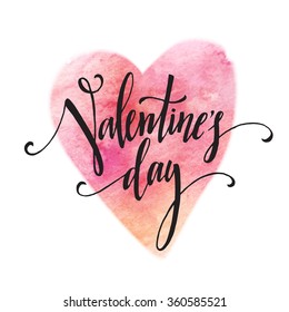 Handwritten Valentines Day calligraphy on red grungy watercolor stain background.  Vector illustration EPS10