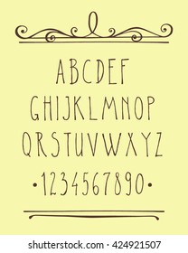 Handwritten vector alphabet. Vector collection of hand drawn letters and numbers decorated with vintage borders.