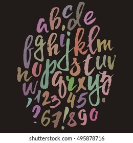 Handwritten vector alphabet. Grunge texture. Modern hand drawn alphabet written with brush pen. Colorful ABC poster. Calligraphic alphabet poster. Letters composition
