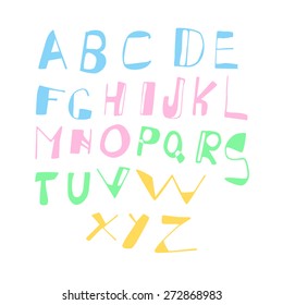 Handwritten vector alphabet made in childish style. Vector collection of hand drawn funny colorful letters. 