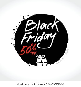 Handwritten vector Black Friday sale template. Stylish round black friday pattern. 50 percent discount.
