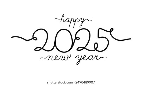 A handwritten vector bringing you Happy New Year 2025 message in elegant cursive script set on transparent background. The numbers 2025 are stylized with curly flourishes.