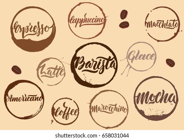 Handwritten vector brown calligraphic coffee names in rings of stains on beige background. Concept for stamp, menu design, packaging, logo.