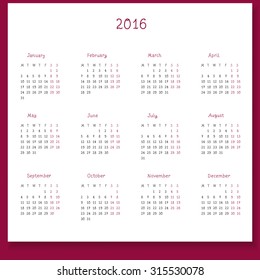 Hand-written vector calendar 2016.