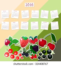 Hand-written vector calendar 2016 with bright and cute pictures of different berries. 