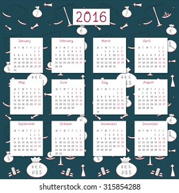 Hand-written vector calendar 2016 with business planning doodles elements.