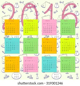 Hand-written vector calendar 2016 with business planning doodles elements.
