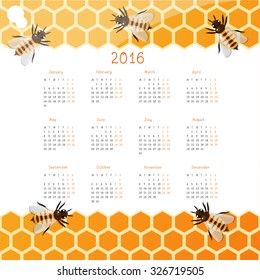 Hand-written vector calendar 2016  with cute colorful bees on the honeycomb.