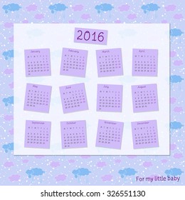 Hand-written vector calendar 2016 with hand drawn sleeping sheep pattern and text - For my little baby.