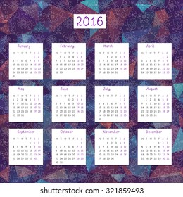 Hand-written vector calendar 2016 with modern blue and violet triangles and hand-drawn flowers.