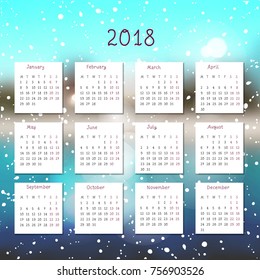 Hand-written vector calendar 2016 with nature vector background - blurred forest, lake and sky.