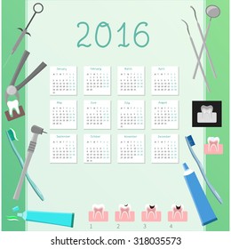 Hand-written vector calendar 2016 with plane dental icons. Vector. Medicine.