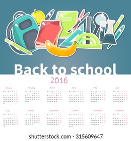 Hand-written vector calendar 2016 with school items, vector illustration. Back to school