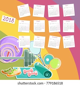 Hand-written vector calendar 2018 with healthy lifestyle icons. Fitness elements. Vector illustration.