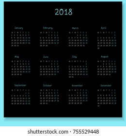 Hand-written vector calendar 2018 on black background.