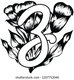 Handwritten vector capital letter Z of floral alphabet in black and white color with flower. Drawing may be used as printable, logo, tattoo arts, etc.
