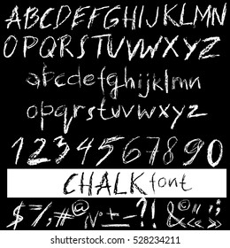 Handwritten vector chalked alphabet. Imitation texture of chalk. Modern hand drawn alphabet. Isolated letters