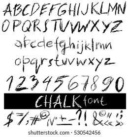 Handwritten vector chalked alphabet. Imitation texture of chalk. Modern hand drawn alphabet. Isolated letters