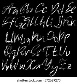 Handwritten vector chalked alphabet. Imitation texture of chalk. Modern hand drawn alphabet. Isolated letters.