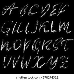 Handwritten vector chalked alphabet. Imitation texture of chalk. Modern hand drawn alphabet. Isolated letters