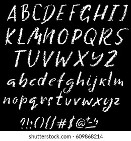 Handwritten vector chalked alphabet. Imitation texture of chalk. Modern hand drawn alphabet. Isolated letters. Vector illustration