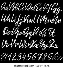 Handwritten vector chalked alphabet. Imitation texture of chalk. Modern hand drawn alphabet. Isolated letters. Vector illustration