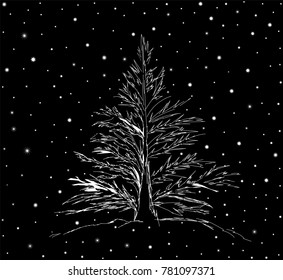 Handwritten vector Christmas tree silhouette on the forest background with falling snow