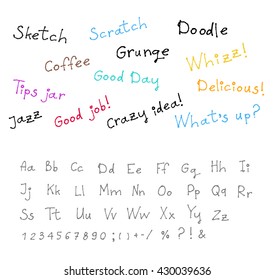 Handwritten vector doodle font. Sketch font. Scratch alphabet. Funny inscriptions.
