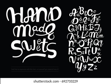 handwritten vector font, beautiful lettering, flexible font good for improvising, white handwriting on the black background, designer typeface for logos and short sentences