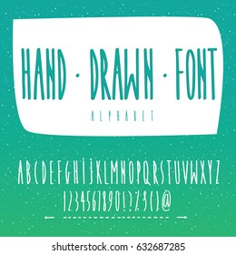 Handwritten vector font contains set of capital letters of English alphabet, numbers and basic symbols. Hand drawn style. Scaling is small horizontal or large vertical