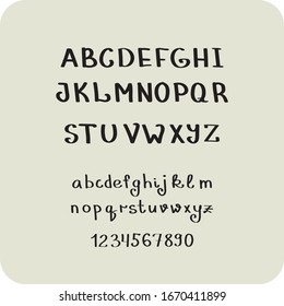 Handwritten vector font, latin. Uppercase and lowercase letters, numbers. Simple elegant serif-free alphabet.