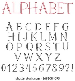 Handwritten vector font for lettering headlines and posters. Uppercase English printed vintage serif letters and numbers.