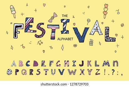 Handwritten vector funny font with letters made in different styles and colors for fun activities