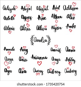  Handwritten vector girl and female names. Drawn by brush words for poster, textile, card, banner, marketing. svg