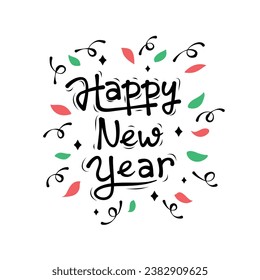 Handwritten vector Happy New Year with colorful surprise effect. Writing text for Happy New Year with stars, sparkling sparkles and fireworks effects.