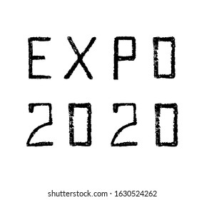 Handwritten vector illustration for design of Dubai International Exhibition 2020. Black letters and numbers isolated on white background.