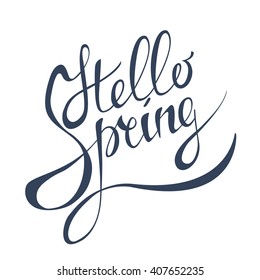Handwritten vector Illustration. Isolated dark blue hand-lettering Hello spring