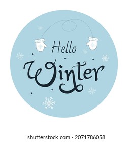 Ilustración vectorial manuscrita con copos de nieve y fondo azul. Hola letras de invierno